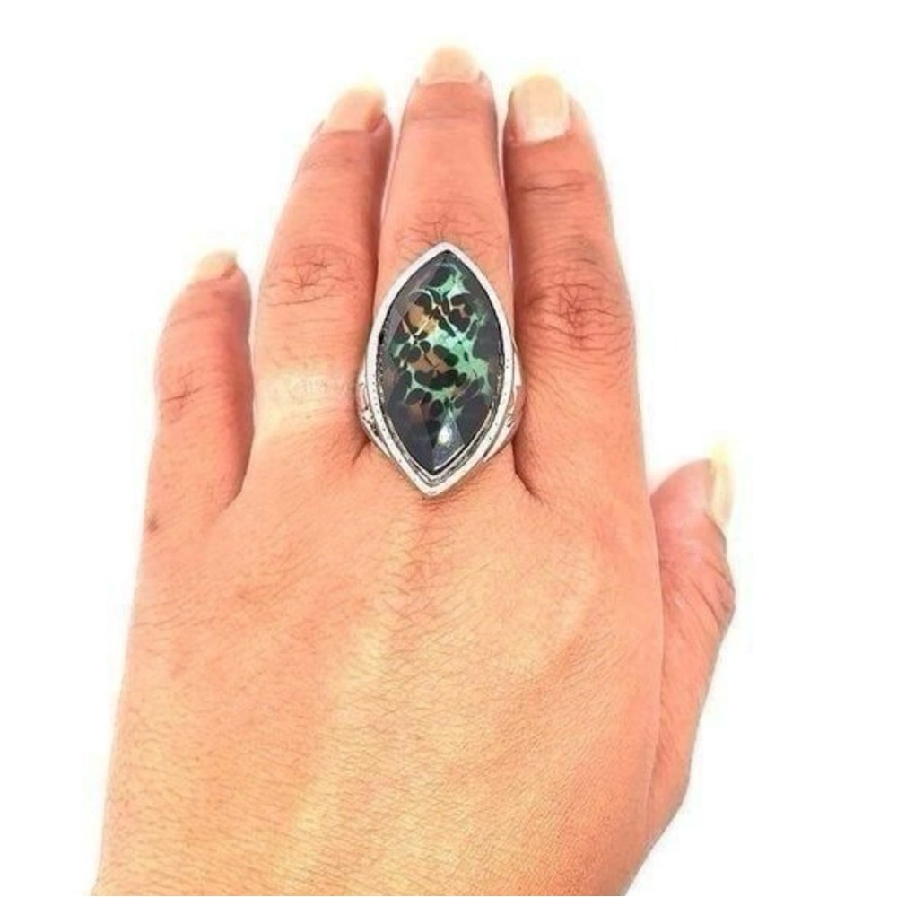 Silver Marquise Green Leopard-Print Statement Ring - Picture 4 of 4